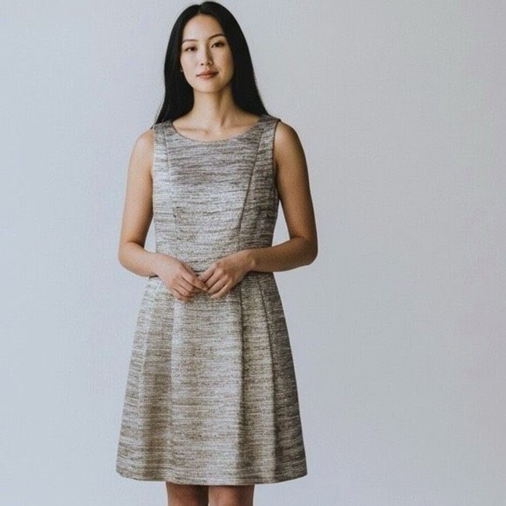 Trina Turk Dress Metallic Silver & Bronze Belted Fit & Flare Occasion Dress Sz10